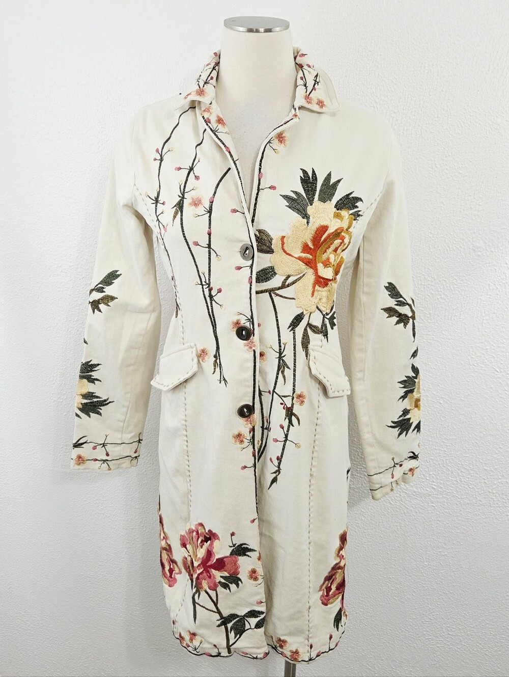 DB Sport embroidered long jacket cream ivory floral roses women's size medium M